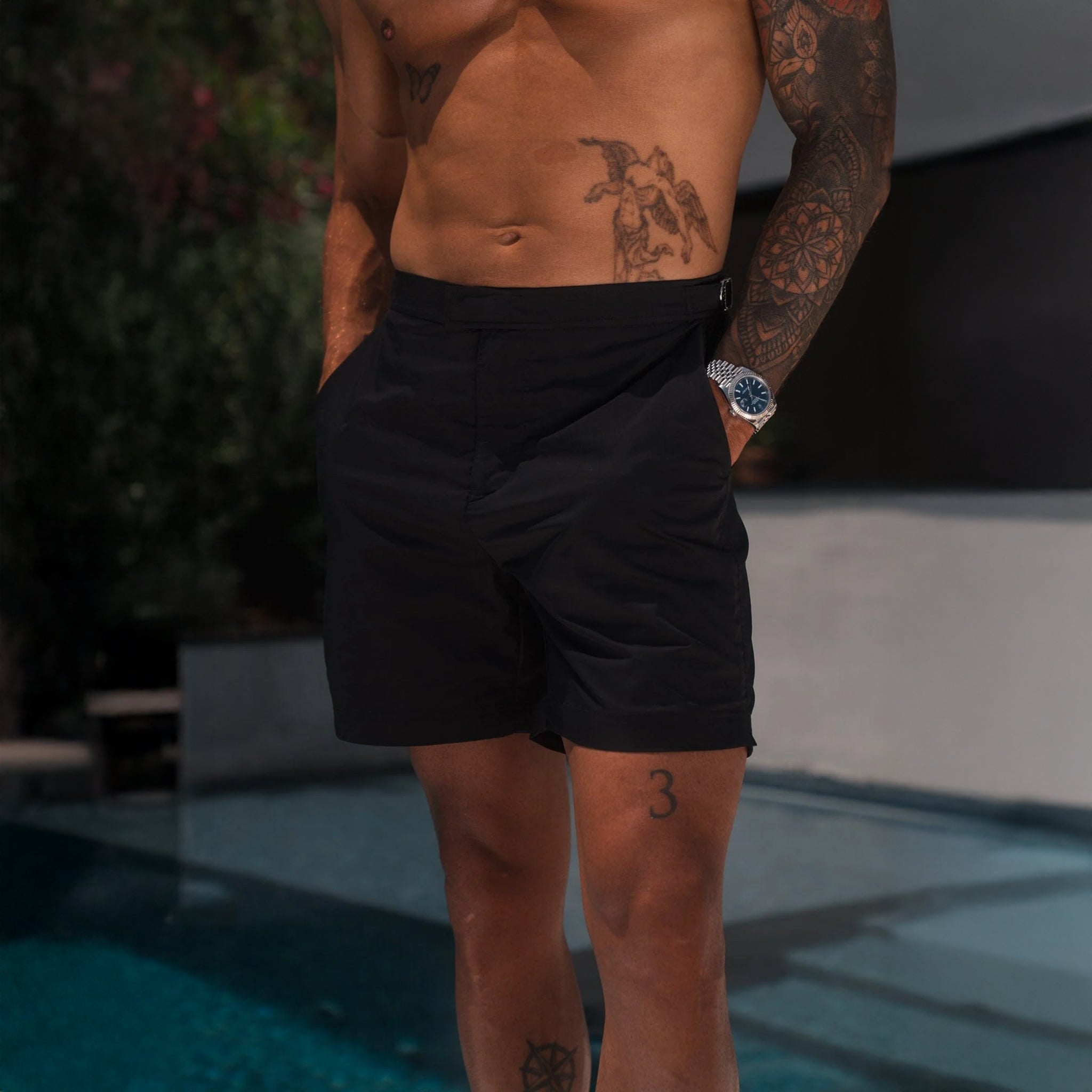 Front Side View of Belier Black Swim Shorts